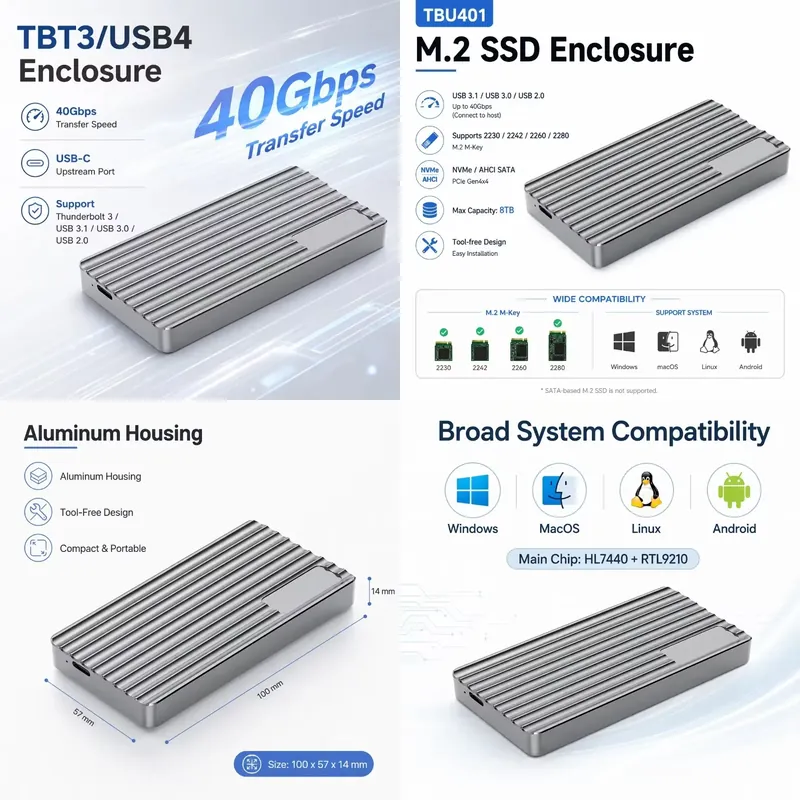 Usb4 40Gbps External Ssd 8Tb - Carcasa Externa Portátil AP01 para SSD